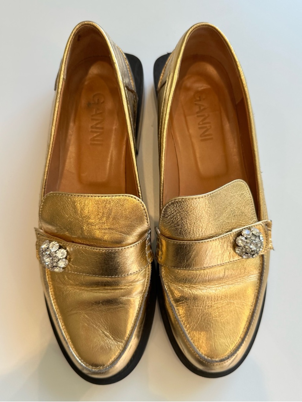 GANNI Gold Metallic Loafers Crystal Embellished Leather Size 39 - Picture 2 of 10